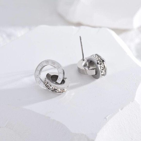 Round Letter Stainless Steel Plating Zircon Earrings - Picture 10 of 17